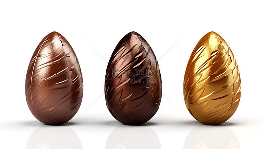 复活节礼物背景图片_白色背景下制作复活节巧克力蛋的三种不同巧克力品种的 3D 插图