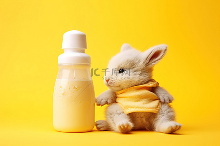 黄色背景中的一件婴儿填充物和一个瓶子