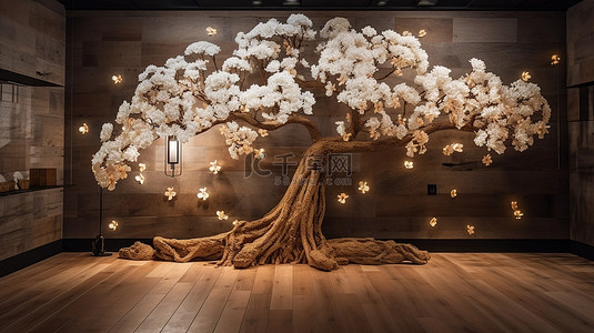 经典背景家居装饰 3D 树壁画壁纸以白色花朵和棕色树桩为特色