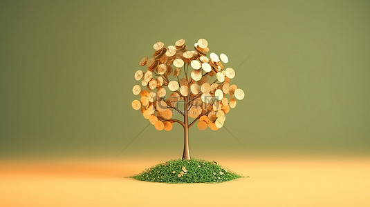 象征投资增长的简约硬币花树的 3D 渲染