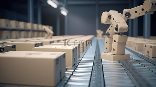 3D 渲染中携带微型机器人和盒子的工厂输送线