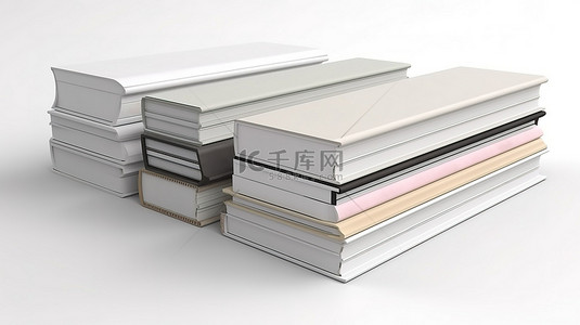 在白色背景上呈现的一堆 3d 空白封面书籍