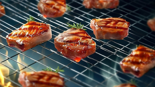 大型食肉动物背景图片_铁板肉块在 3D 烧烤网格上方翱翔