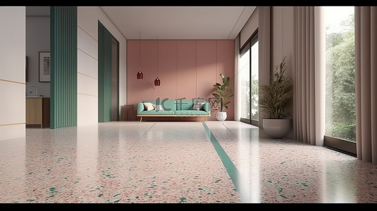 现代风格装饰背景图片_带水磨石地板的现代风格用餐区 3D 渲染和样机