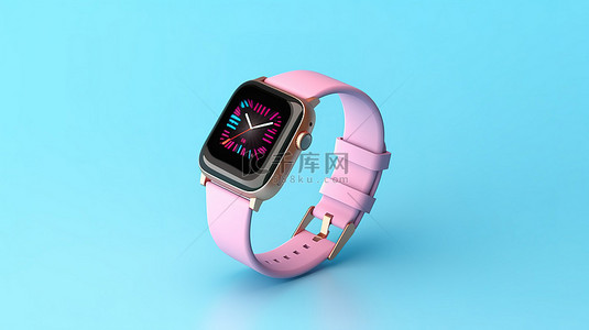 带手表背景图片_蓝色背景 3D 渲染上带有条纹带的时尚粉色智能手表