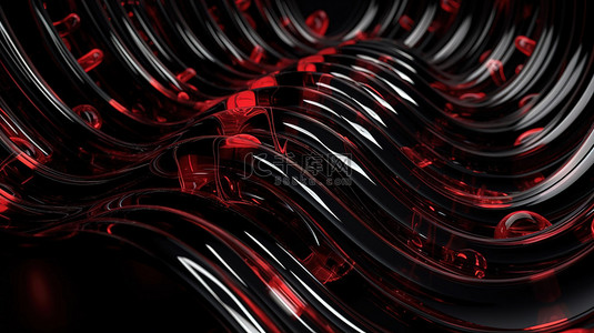 充满活力的抽象艺术背景的 3D 渲染，黑色画布上带有带红色绳索的弯曲玻璃管