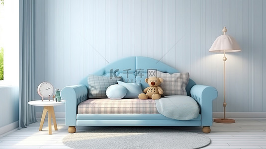 母亲蓝色背景图片_一间经典的儿童卧室，附近有柔软的蓝色毯子和沙发，3D 渲染