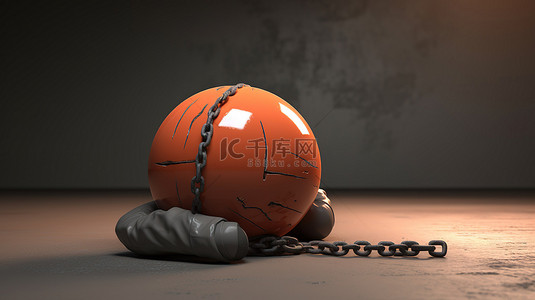 被定罪的罪犯用重铁球拴在 3D 图像中