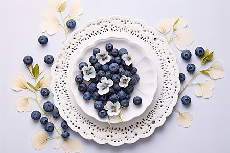 这张图片描绘了一盘蓝莓和鲜花