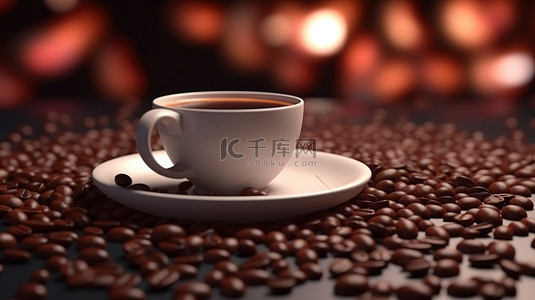 一休双手思考背景图片_一杯咖啡和逼真咖啡豆的平躺 3D 渲染背景