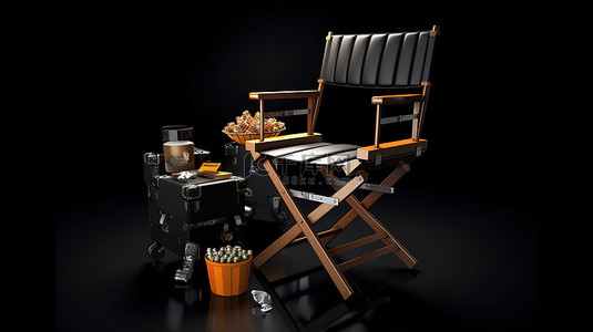 电影电影院背景图片_黑色背景下电影行业元素导演椅电影拍板和扩音器的 3D 渲染