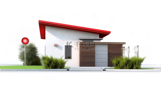 现代视频对讲机安装在迷人​​的小屋附近，设有红色屋顶和郁郁葱葱的绿色草坪 3D 渲染