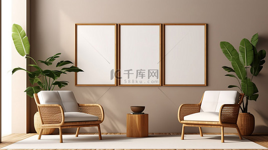 简约海报框背景图片_简约的房间，配有热带植物咖啡桌和地毯上的空海报框 3D 渲染