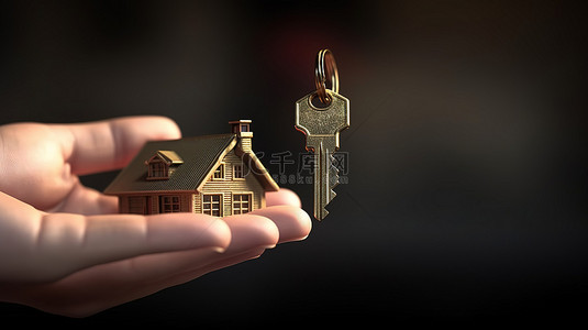 手握的房屋主题钥匙链的 3D 渲染插图