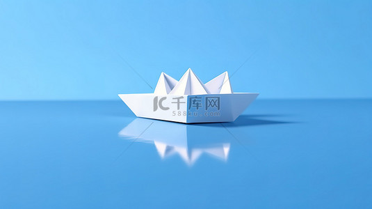 简单化的商业理念蓝色表面上的白色折纸船 3D 呈现简约构图