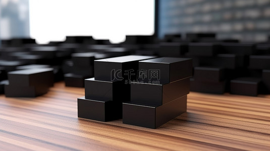 名片背景图片_具有 3D 渲染黑色纹理空白名片的木质立方体