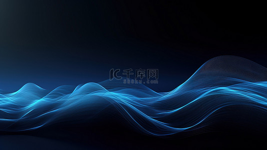 抽象技术设计中蓝色数字线框波在登陆页面的深色烟熏背景下的 3D 渲染