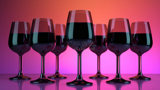 酒霓虹灯背景图片_高架小眼镜，配有黑色霓虹灯太阳镜，用于香槟威士忌干邑白兰地和马提尼酒，在充满活力的粉红色隔离背景 3D 插图上