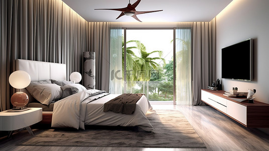 现代卧室概念，配有电视柜洗脸盆和白墙 3D 插图上的毯子