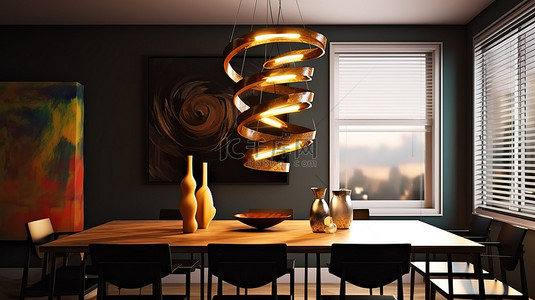 优雅的餐厅模拟，配有奢华的螺旋吊灯和时尚的餐桌 3D 渲染