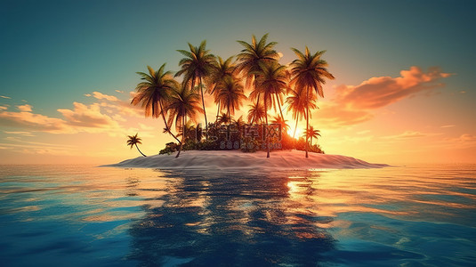 海洋岛屿上棕榈树的日落绿洲 3D 渲染