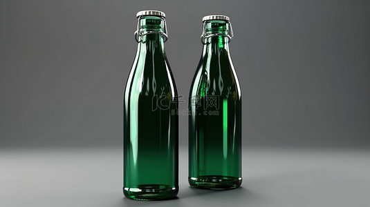 一对绿色空玻璃啤酒瓶 3D 样机模板