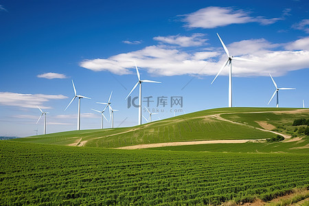 绿色田野上的风力涡轮机