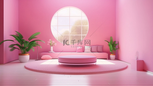 胜利站在当代粉红色客厅 3D 渲染的成功概念