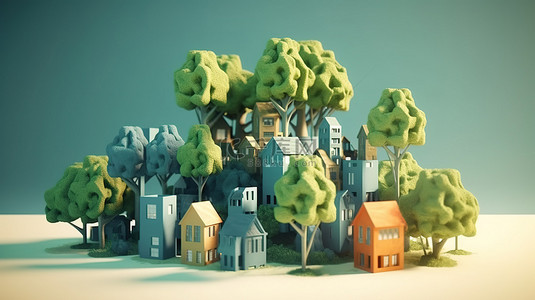 充满活力的 3D 村庄坐落在郁郁葱葱的长方体景观上