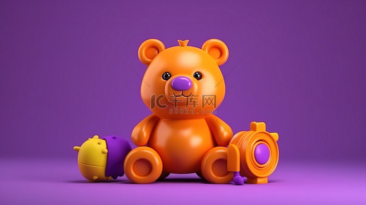 小熊卡通背景图片_紫色操场背景上橙色小熊玩具的 3D 渲染