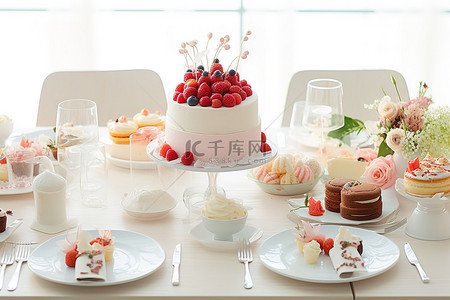 正在计划举办一场活动，桌子上有蛋糕纸杯蛋糕糕点和水果