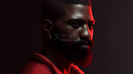 男性黑色背景图片_带有红色胡须和胡须 3d 渲染的深色皮肤男性角色的酷轮廓