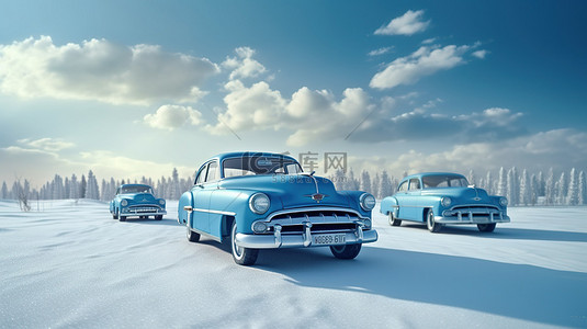 复古蓝色汽车和冬季景观 3D 渲染和插图
