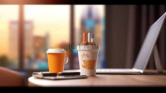 自由办公室 3D 插图与笔记本电脑椅子和咖啡杯卡通