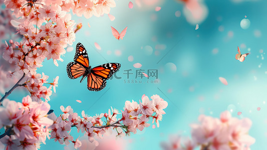 粉红色樱花和飞翔的蝴蝶背景图