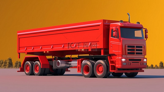 一辆宽敞的红色卡车的 3D 渲染，带有可拆卸的拖车，用于运输农业和建筑用品