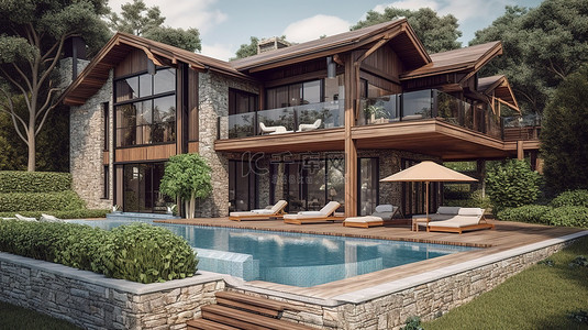 别墅豪宅背景图片_精致的别墅，带游泳池，令人惊叹的木材和石头 3D 渲染