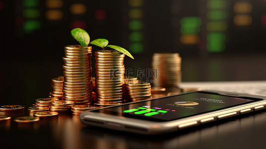 手机货币掌握通过 3D 设备硬币堆栈和增长图说明金融投资