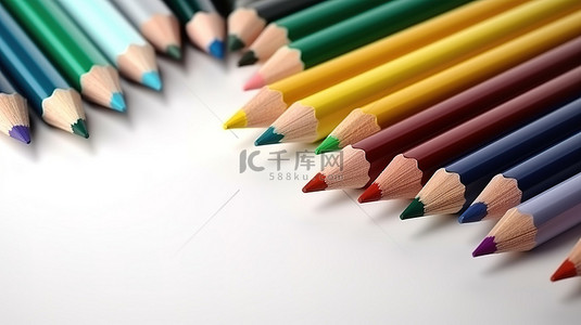 空白白桌 3D 渲染上的各种彩色铅笔