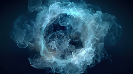3D 渲染蓝烟云抽象设计，具有时尚的薄圆形框架