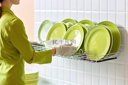 一名戴着工作手套的妇女从清洗架上取出几块盘子