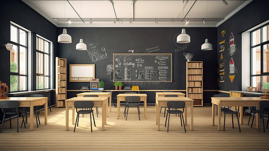 教育投入背景图片_现代教室布局，配有时尚的书桌舒适的座椅和高科技黑板 3D 渲染