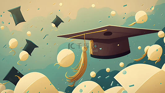 大学季毕业季背景图片_毕业季学士帽绿色插画背景