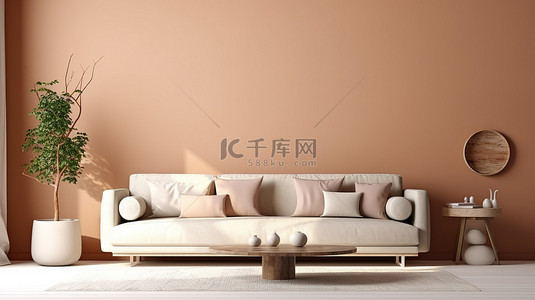棕色海报背景图片_客厅墙壁模型的 3D 渲染，配有白色沙发枕头和棕色背景灯