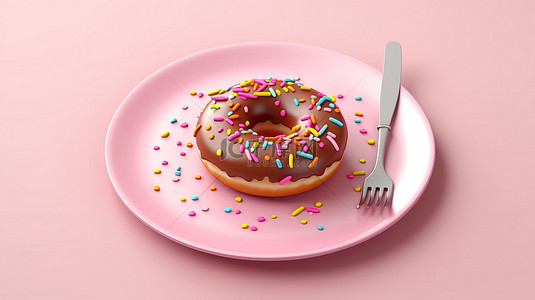美味的甜甜圈令人愉悦的巧克力釉面甜甜圈的顶部视图，上面有五颜六色的糖粉，并配有粉红色背景上 3D 渲染的叉子和刀子