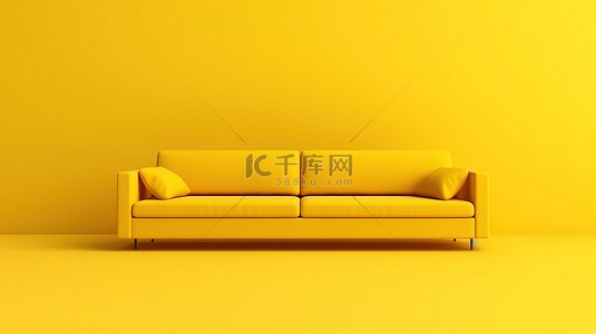 充满活力的黄色沙发的 3D 渲染，在孤立的黄色背景上呈现出异常冗长的设计