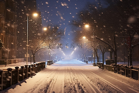 雪夜景背景图片_晚上雪落在雪路上