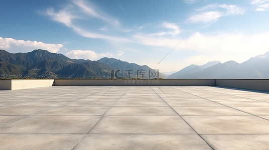停车场背景的 3D 渲染，在空荡荡的混凝土地板上享有令人惊叹的山景和蓝天景观