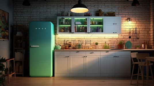 优雅的白色厨房，配有充满活力的绿色冰箱和发光的浅色砖墙，迷人的 3D 渲染