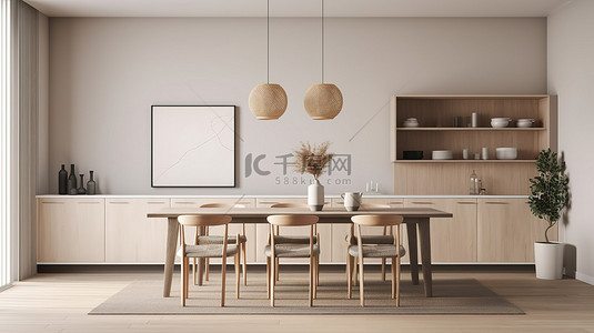 厨卫室内背景图片_时尚餐厅模型中米色餐桌套装和厨柜的 3D 渲染